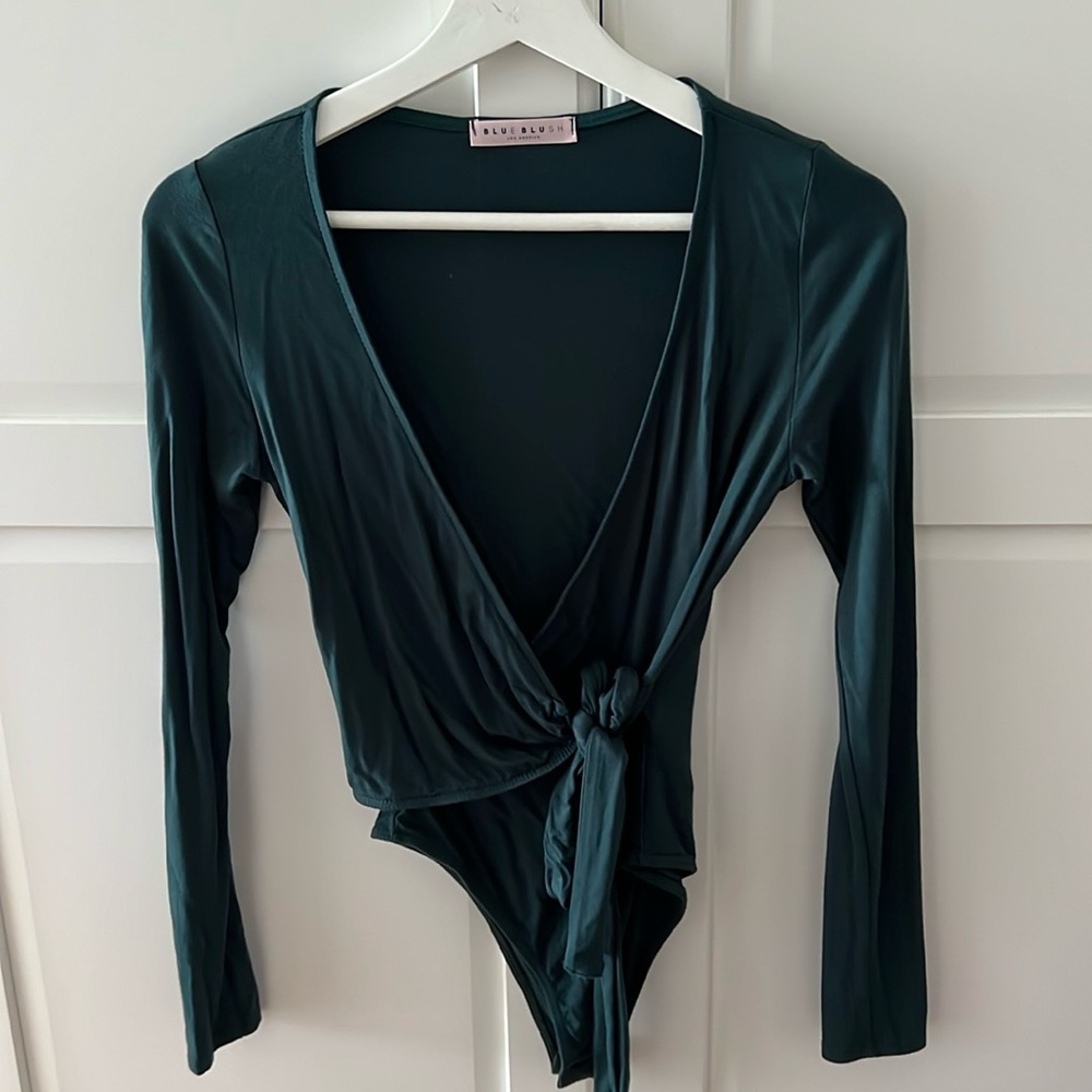 EUC Emerald Green wrap bodysuit small long sleeve V neck